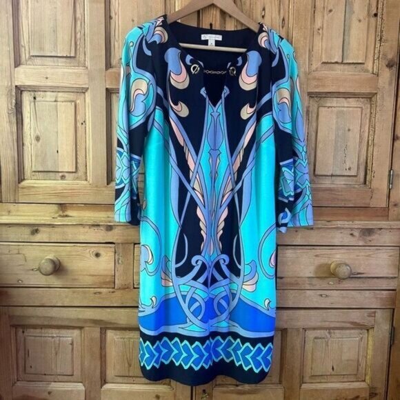 DB Established 1962 Women's Size Medium Art‎ Deco Printed Dress Blue Pink Office - Picture 1 of 9